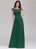 Beautiful Allanah cap sleeve lace and chiffon bridesmaid gown in emerald color