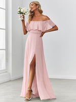 Angelina off shoulder bridesmaid dress with split in lighter colors - Bay Bridesmaid