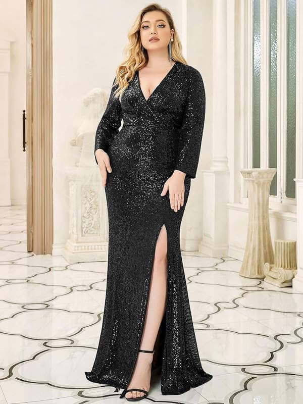 Elvira long sleeve dress with split in full sequin - Bay Bridal and Ball Gowns