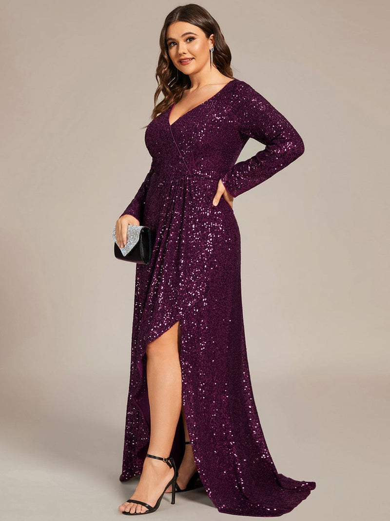 Felicity sequin full sleeve ball dress with split in burgundy - Bay Bridal and Ball Gowns