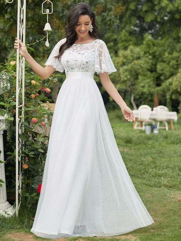 Georgia flutter sleeve leaf patterned tulle wedding dress in Ivory - Bay Bridesmaid