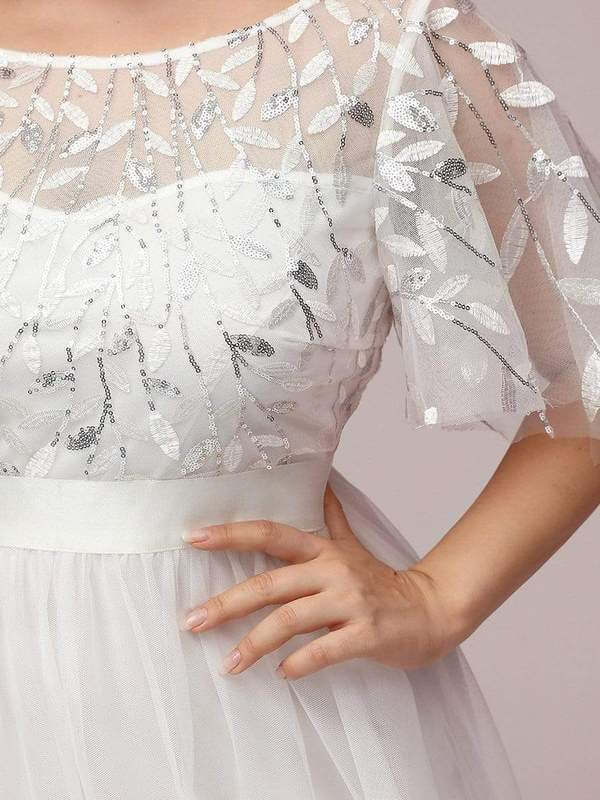Georgia flutter sleeve leaf patterned tulle wedding dress in Ivory - Bay Bridesmaid