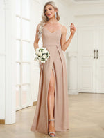 Raewyn thin spaghetti strap sparkling ball gown with split - Bay Bridal and Ball Gowns