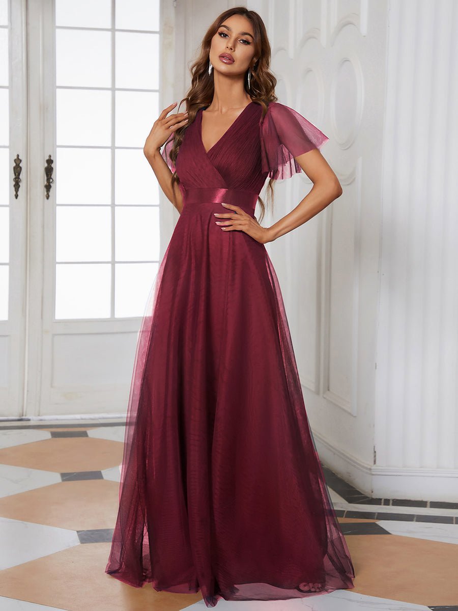 Alma flutter sleeve bridesmaid gown in burgundy Express NZ wide - Bay Bridal and Ball Gowns
