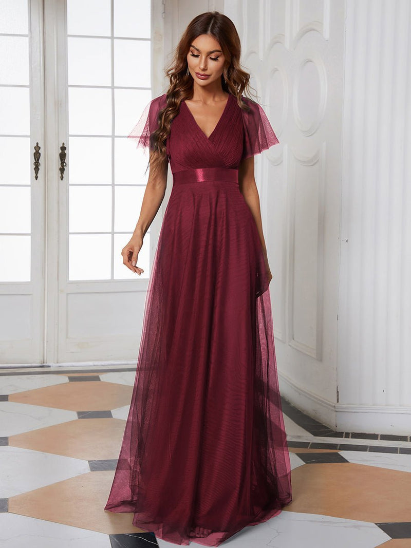 Alma flutter sleeve bridesmaid gown in burgundy Express NZ wide - Bay Bridal and Ball Gowns