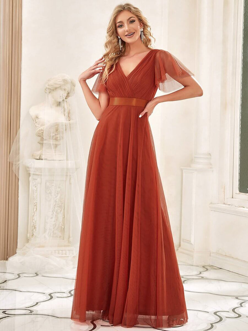 Alma flutter sleeve tulle bridesmaid gown in burnt orange Express NZ wide - Bay Bridal and Ball Gowns
