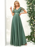 Alma flutter sleeve tulle bridesmaid gown in dusky green Express NZ wide - Bay Bridal and Ball Gowns