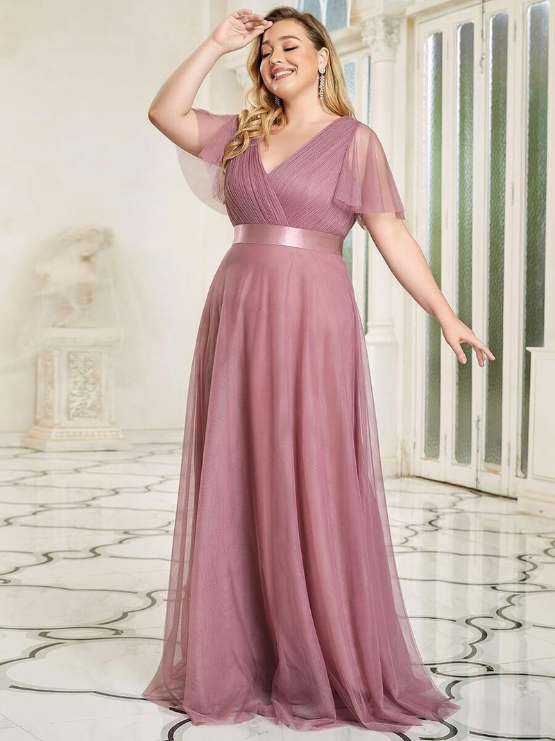 Alma flutter sleeve tulle bridesmaid gown in dusky rose Express NZ wide - Bay Bridal and Ball Gowns