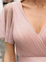 Alma flutter sleeve tulle bridesmaid gown in dusty pink Express NZ wide - Bay Bridal and Ball Gowns