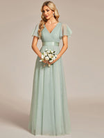 Alma light sage flutter sleeve tulle bridesmaid gown Express NZ wide - Bay Bridal and Ball Gowns