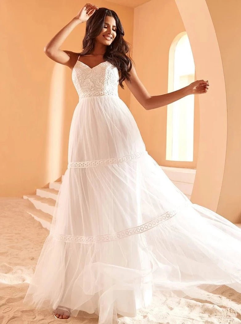 Amber thin strapped crochet boho Ivory wedding dress - Bay Bridal and Ball Gowns