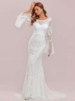 Amelia full lace low back boho wedding dress with sleeves and train in ivory - Bay Bridal and Ball Gowns