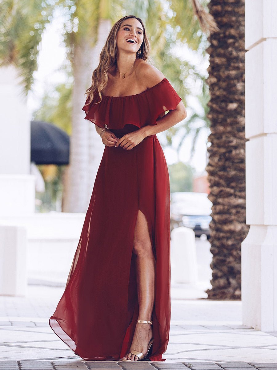 Angelina ball dress with split in burgundy Express NZ wide - Bay Bridal and Ball Gowns