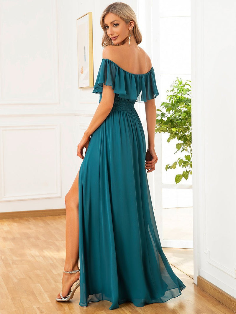 Angelina bridesmaid dress with split in teal Express NZ wide - Bay Bridal and Ball Gowns