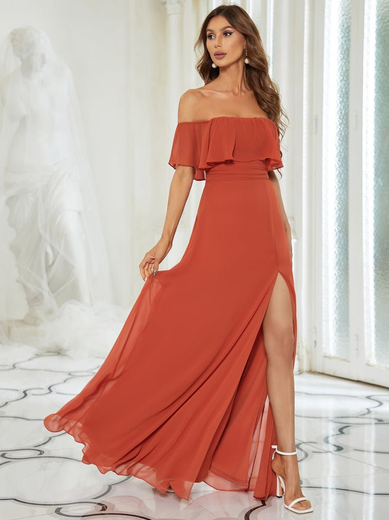 Angelina off shoulder ball dress with split in burnt orange size 18 Express NZ wide - Bay Bridal and Ball Gowns