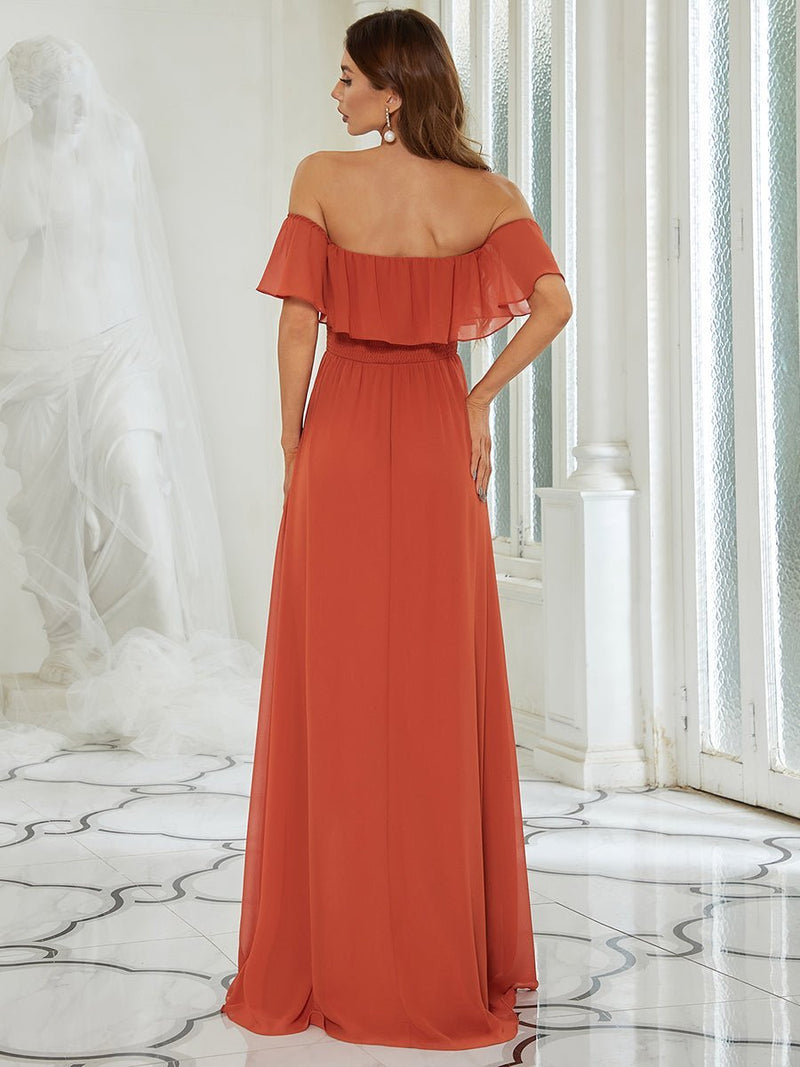Angelina off shoulder ball dress with split in burnt orange size 18 Express NZ wide - Bay Bridal and Ball Gowns