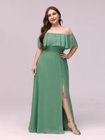 Angelina off shoulder dress with split in dusky green s26 Express NZ wide - Bay Bridal and Ball Gowns