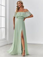 Angelina off shoulder dress with split light sage size Express NZ wide - Bay Bridal and Ball Gowns