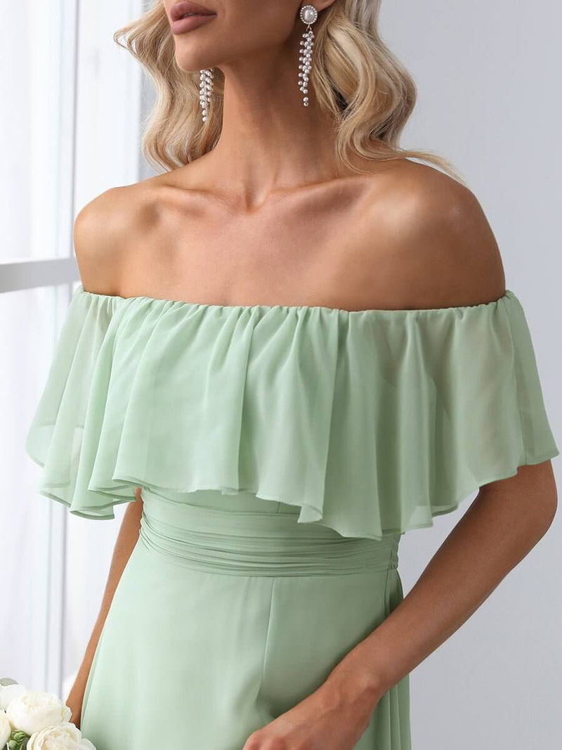 Angelina off shoulder dress with split light sage size Express NZ wide - Bay Bridal and Ball Gowns