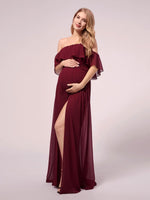 Angelina off shoulder maternity dress with split in burgundy - Bay Bridal and Ball Gowns
