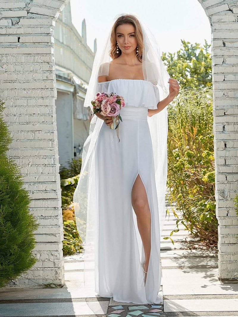 Angelina Off-Shoulder White Wedding Dress with split - Bay Bridal and Ball Gowns
