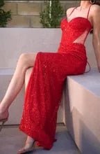 Ariel sequin red ball dress with split and tie up back Express NZ wide - Bay Bridal and Ball Gowns