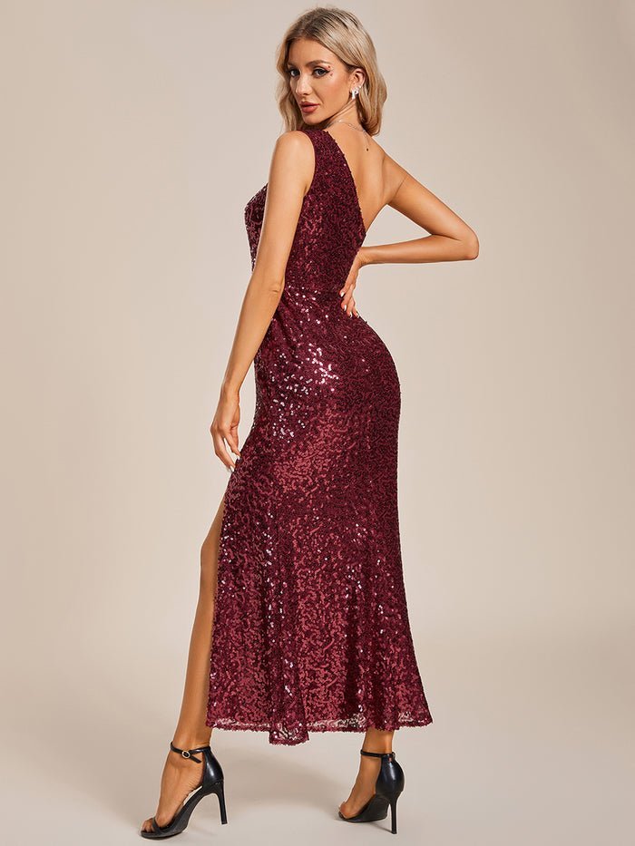 Arlene one shoulder large sequinned ball dress in burgundy - Bay Bridal and Ball Gowns