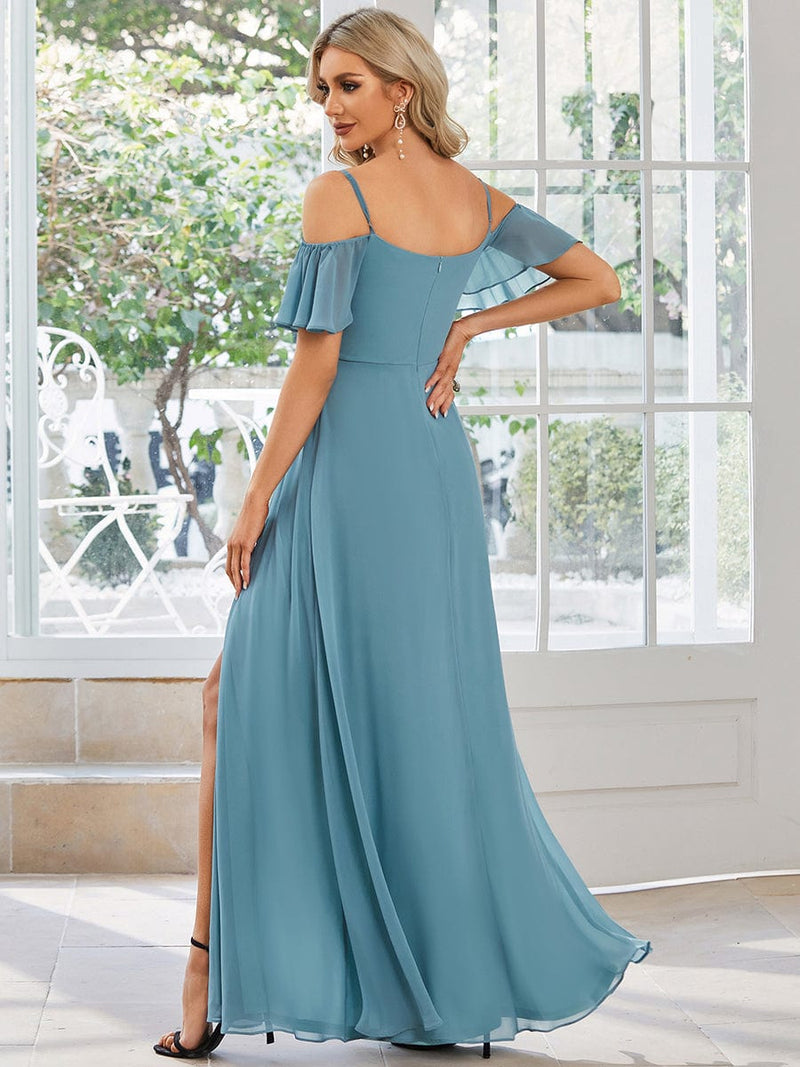 Aurora bridesmaid dress with split in dusky blue Express NZ wide - Bay Bridal and Ball Gowns