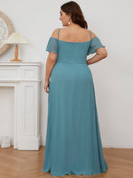 Aurora bridesmaid dress with split in dusky blue Express NZ wide - Bay Bridal and Ball Gowns