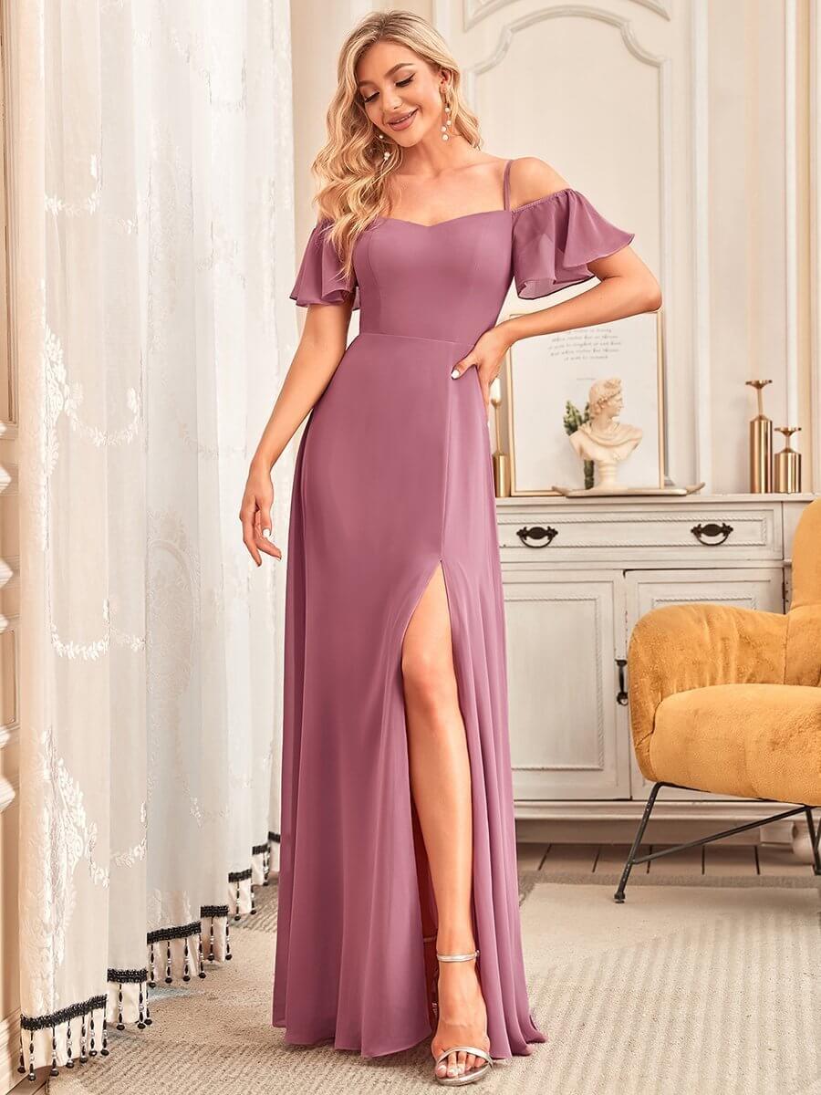 Aurora bridesmaid dress with split in dusky rose Express NZ wide - Bay Bridal and Ball Gowns