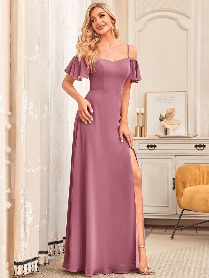 Aurora bridesmaid dress with split in dusky rose Express NZ wide - Bay Bridal and Ball Gowns