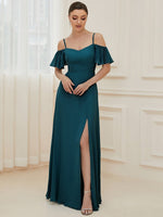 Aurora cold shoulder bridesmaid dress with split - Bay Bridal and Ball Gowns