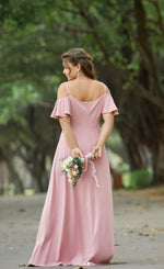 Aurora cold shoulder bridesmaid dress with split in lighter colours - Bay Bridal and Ball Gowns