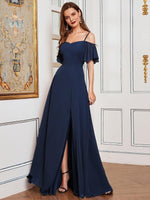 Aurora cold shoulder bridesmaid dress with split in navy Express NZ wide - Bay Bridal and Ball Gowns