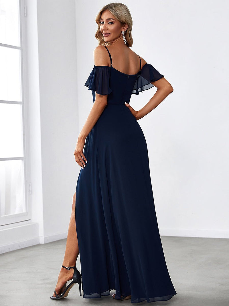 Aurora cold shoulder bridesmaid dress with split in navy Express NZ wide - Bay Bridal and Ball Gowns
