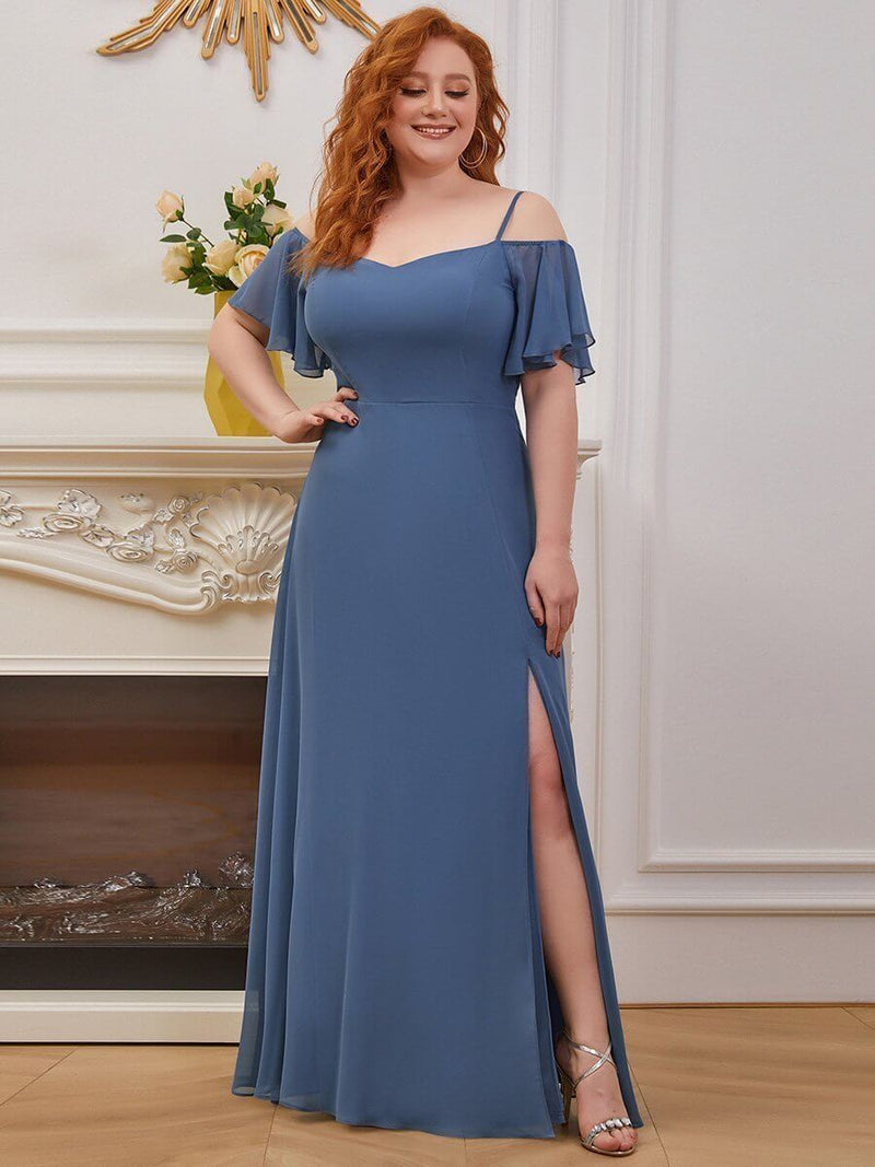 Aurora cold shoulder dress with split in dusky navy Express NZ wide - Bay Bridal and Ball Gowns