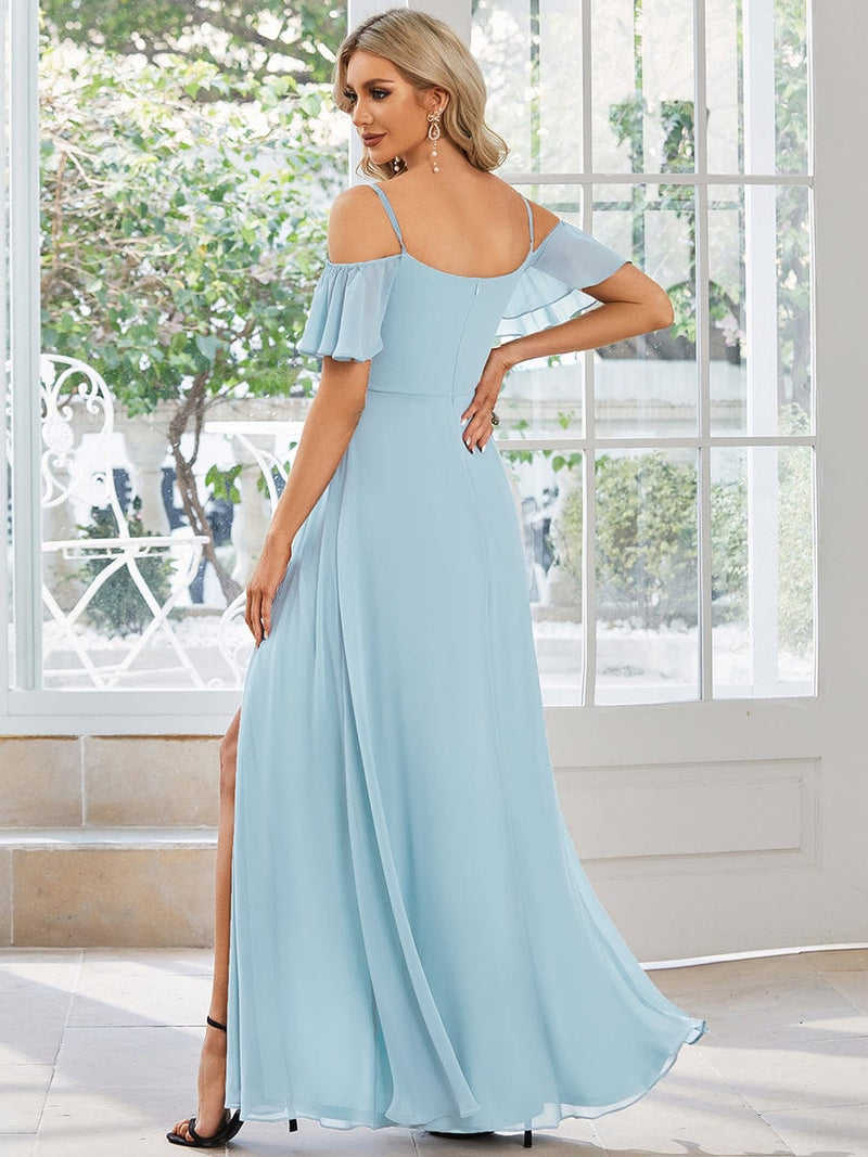 Aurora cold shoulder dress with split in light blue Express NZ wide - Bay Bridal and Ball Gowns