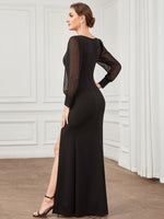 Bessie square neckline dress in black with sleeve and split Express NZ wide - Bay Bridal and Ball Gowns