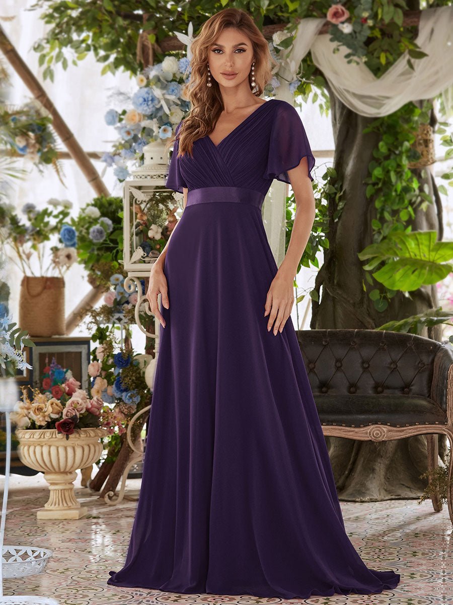 Billie flutter sleeve bridesmaid dress in dark purple Express NZ wide - Bay Bridal and Ball Gowns