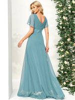 Billie flutter sleeve bridesmaid dress in dusky blue Express NZ wide - Bay Bridal and Ball Gowns