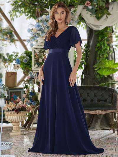 Billie flutter sleeve v neck chiffon dress in navy blue s22 Express NZ wide - Bay Bridal and Ball Gowns