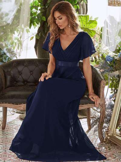 Billie flutter sleeve v neck chiffon dress in navy blue s22 Express NZ wide - Bay Bridal and Ball Gowns