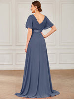 Billie flutter sleeve v neck chiffon dress in steel blue s28 Express NZ wide - Bay Bridal and Ball Gowns