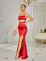 Brenda red satin evening ball dress with split size 8 Express NZ wide - Bay Bridal and Ball Gowns
