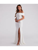 Carla ivory off shoulder ball or wedding dress with split Express NZ wide - Bay Bridal and Ball Gowns