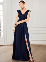 Carmel sleek pleated A line evening dress in navy s8 Express NZ wide - Bay Bridal and Ball Gowns