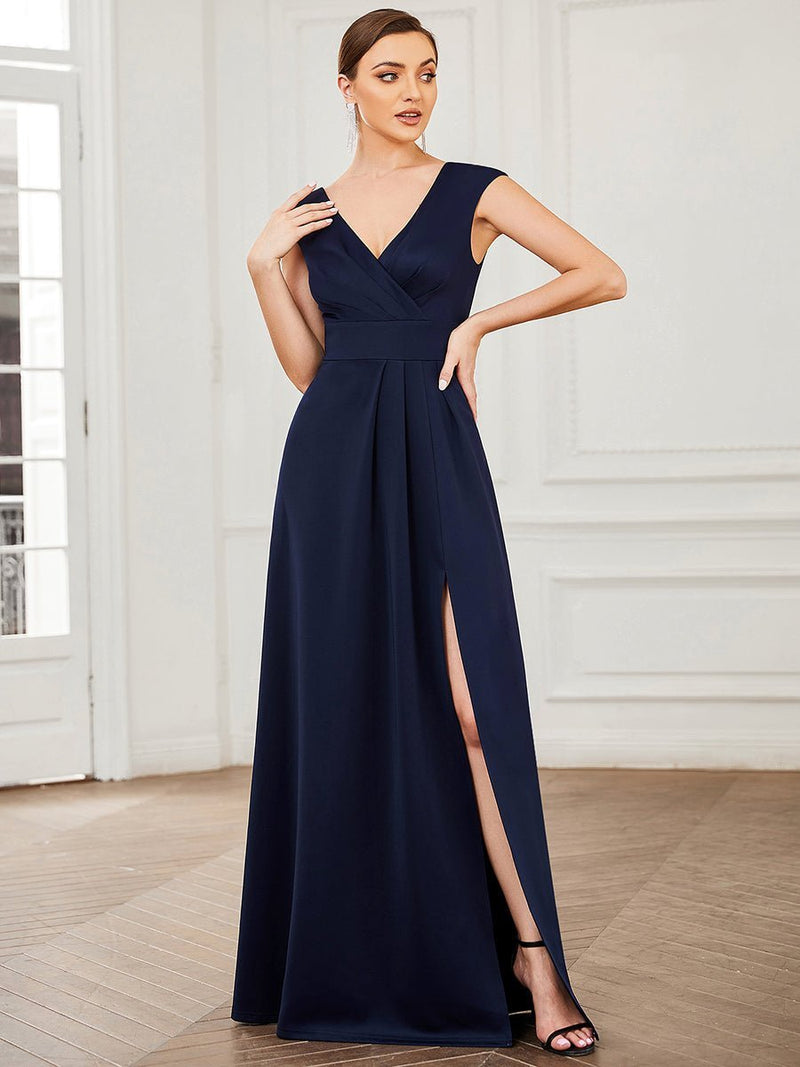 Carmel sleek pleated A line evening dress in navy s8 Express NZ wide - Bay Bridal and Ball Gowns