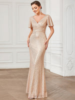 Carolina short sleeve sequin dress in rose gold - Bay Bridal and Ball Gowns