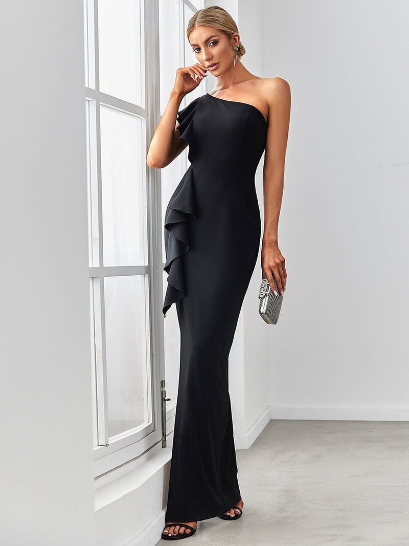 Caroline one Asymmetric shoulder dress with split - Bay Bridal and Ball Gowns