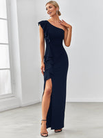 Caroline one Asymmetric shoulder dress with split - Bay Bridal and Ball Gowns